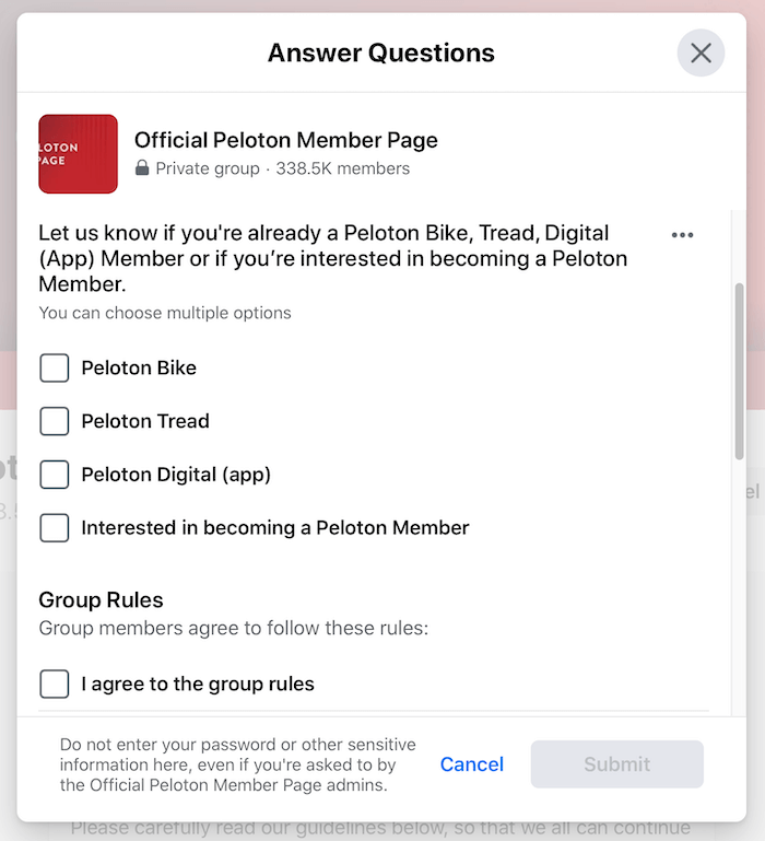 eksempel på spørgsmål om Facebook-gruppescreening til den officielle Peloton-medlems-sidegruppe