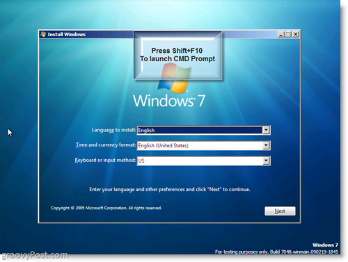 Windows 7-installation - Start CMD-prompt med Shift + F10