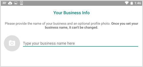 Indtast dit firmanavn på skærmen Din virksomhedsinfo i WhatsApp Business