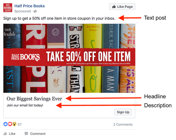 Der er tre områder til tekst i en Facebook-annonce.