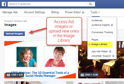 Facebook Ads Manager billedbibliotekadgang