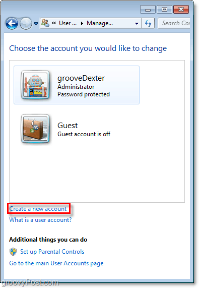 Brug oversigtssiden til Windows 7-konti med linket til at oprette en ny konto