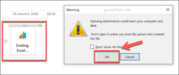 En advarsel om åbning af filvedhæftet fil i OneNote