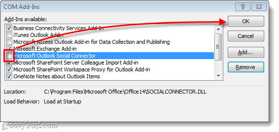 Sådan fjernes eller deaktiveres Outlook Social Connector i Office 2010