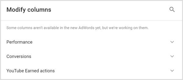 Google AdWords-analyser ændrer kolonneskærmen