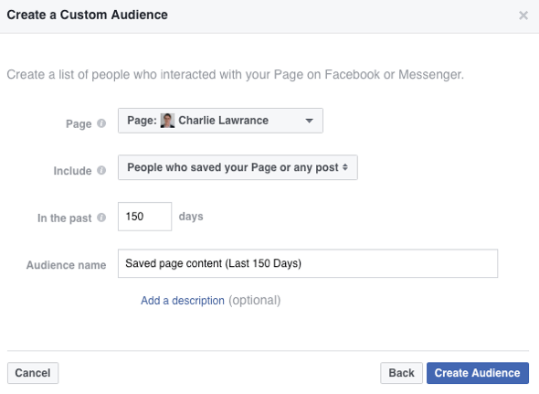 Opret en brugerdefineret målgruppe af mennesker, der har gemt din Facebook-side eller dit indlæg.
