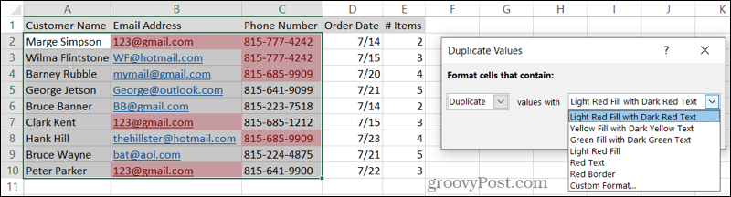 Vælg Formatering til duplikater i Excel