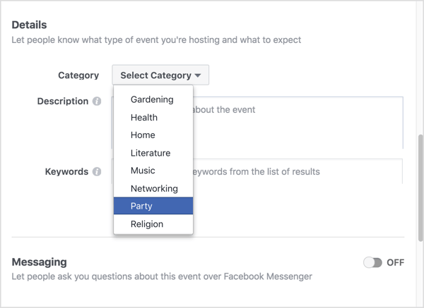 Vælg den kategori, der bedst beskriver din virtuelle Facebook-begivenhed.