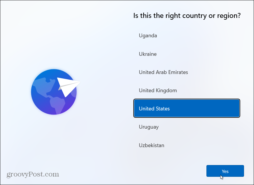 Vælg Land Installer Windows 11