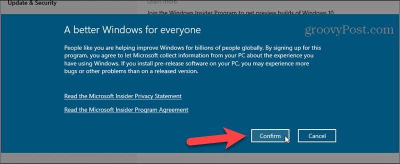 Bekræft Windows Insider Program tilmelding