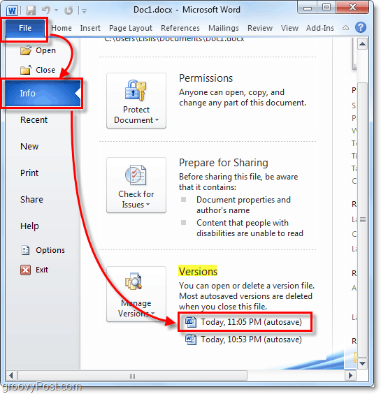 den automatisk gemte version vender tilbage til Outlook 2010