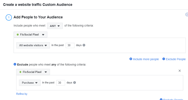 Brug Facebook Event Setup Tool, trin 15, indstillinger til at oprette et brugerdefineret Facebook-publikum på websitetrafik eksklusive køb i de sidste 30 dage
