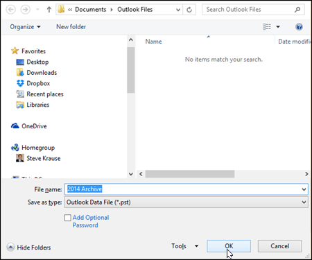 Outlook 2016 - Vælg navn og placering af PST-filen