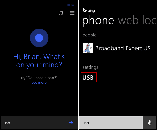 Cortana USB-søgning