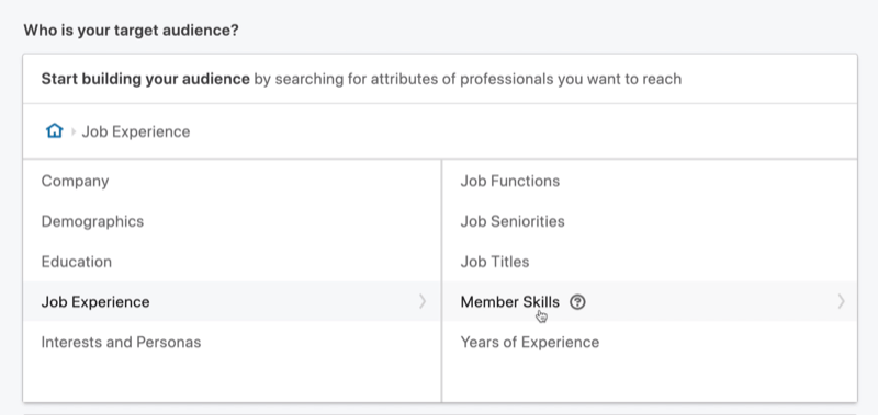 vælg medlemsfærdigheder til målretning af LinkedIn-beskedannoncer