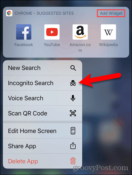 Tryk langt på Chrome-ikonet, og vælg Inkognito-søgning