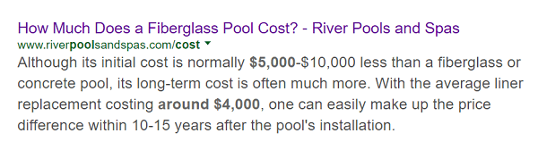 River Pools 'artikel om prisen på en glasfiberpool vises først i en søgning efter dette emne.