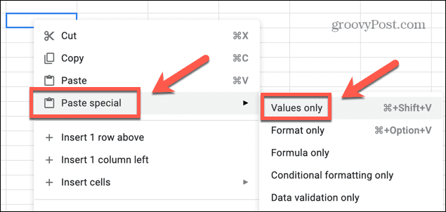 google sheets indsæt specielle værdier