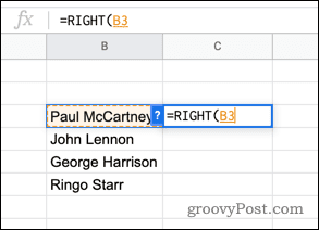 Brug af den HØJRE funktion i Google Sheets