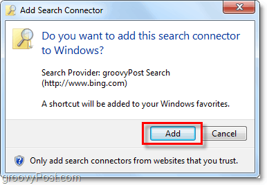 Klik på tilføj, når du ser windows 7-søgekonnektoren tilføj vindue