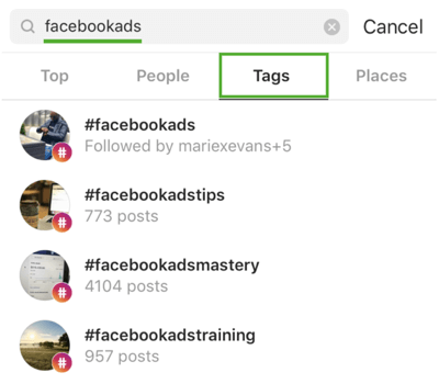 Sådan udvides din Instagram strategisk, trin 9, finder du relevante hashtags, søger efter 'facebookads'
