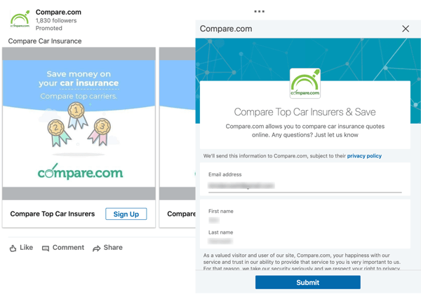 Sådan oprettes LinkedIn målbaserede annoncer, sponsoreret leadgenerationsannonce af Compare.com