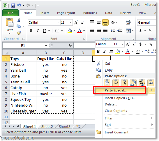 Indsæt speciel funktion af Excel 2010