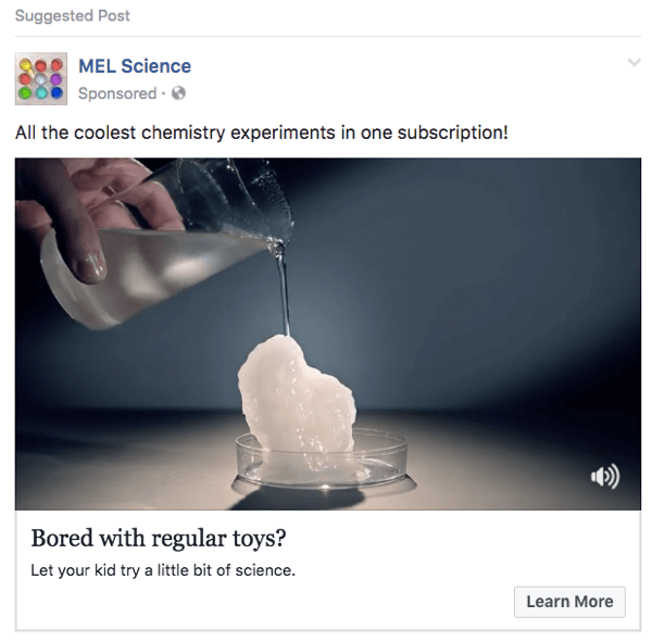 Denne MEL Science Facebook-annonce bruger klip fra en YouTube-video.