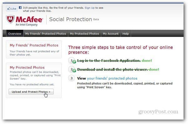 mcaffee social beskyttelse app side