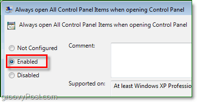 aktiver mulighed for altid at åbne alle kontrolpanelelementer i windows 7