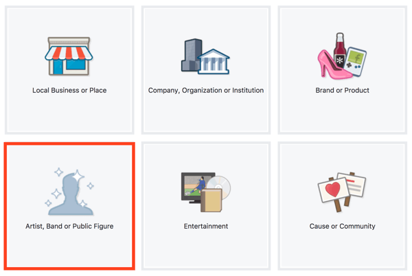 Vælg kunstner, band eller offentlig figur som Facebook-sidetype.