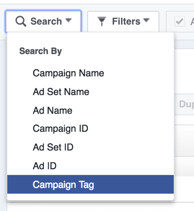 Søg efter Facebook-annoncekampagner efter tag.