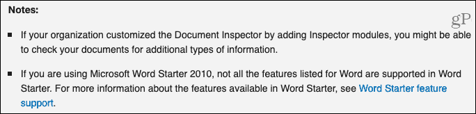 Dokumentinspektørnotater fra Microsoft Support