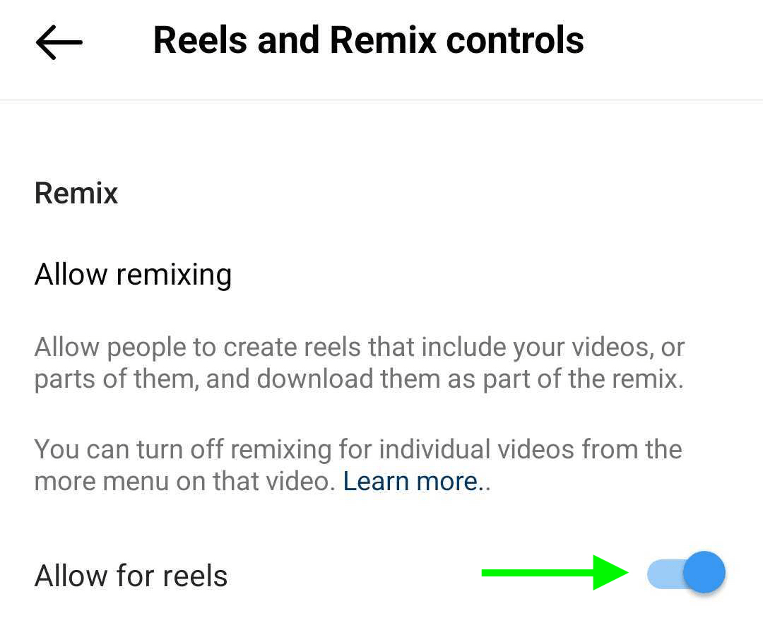 billede af Reels og Remix Controls i Instagrams virksomhedsprofilindstillinger