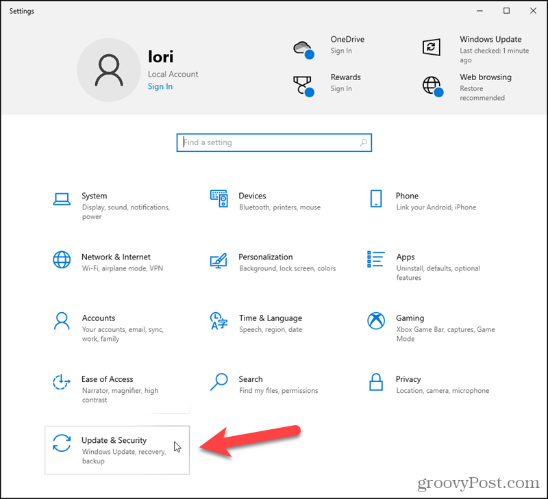 Klik på Opdater og sikkerhed i Windows 10-indstillinger