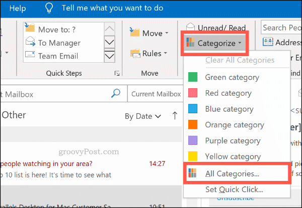 Menuen kategoriser for farvekategorier i Outlook