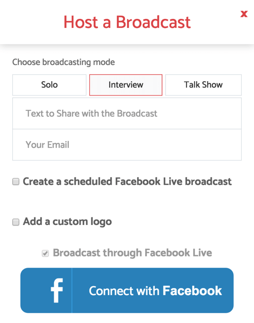 Når du konfigurerer BeLive til et live-interviewprogram, skal du vælge tilstanden Interviewudsendelse.