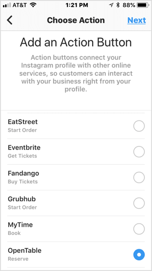 Vælg en handlingsknap for at føje den til din Instagram-forretningsprofil.