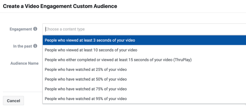 facebook video engagement brugerdefineret publikum oprette menu, der viser flere muligheder for personer, der har set mindst et par sekunder til 25%, 50%, 75% og 95% eller set til afslutning