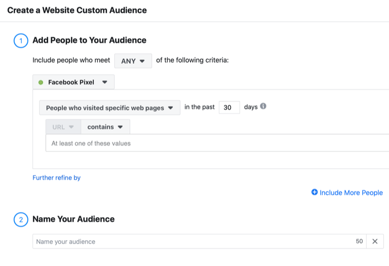 eksempel facebook oprette en brugerdefineret målgruppen menu inklusive mulighederne for at tilføje alle personer, der har besøgt specifikke websider i de sidste 30 dage ved hjælp af facebook-pixel sammen med muligheden for at navngive dit publikum