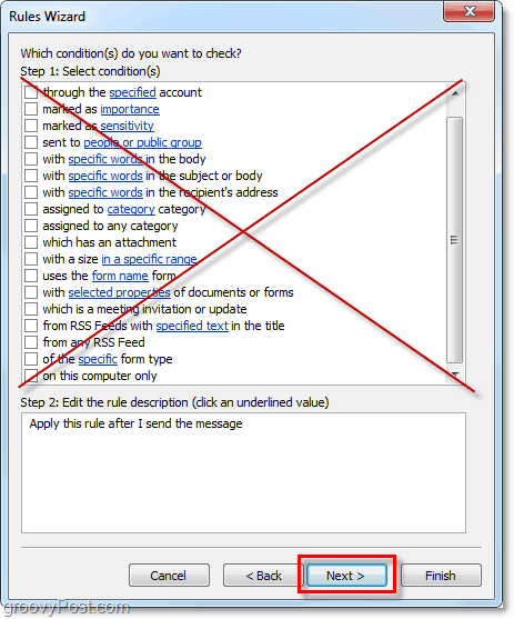 vælg ikke nogen betingelser for sendte e-mails fra Outlook 2010