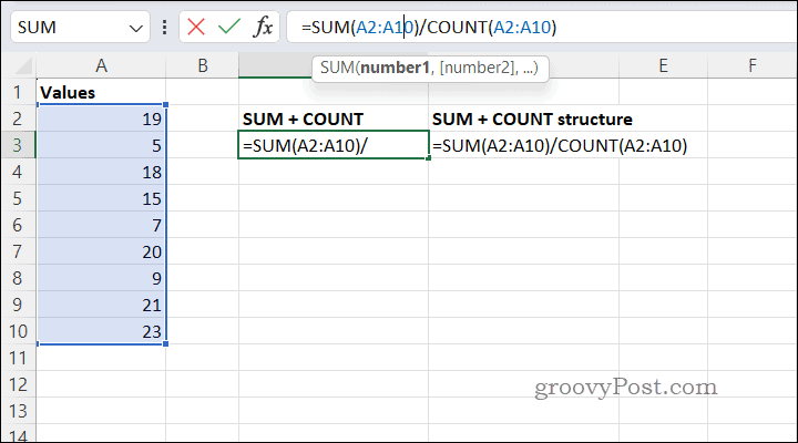 Beregning af gennemsnit ved hjælp af SUMCOUNT i Excel