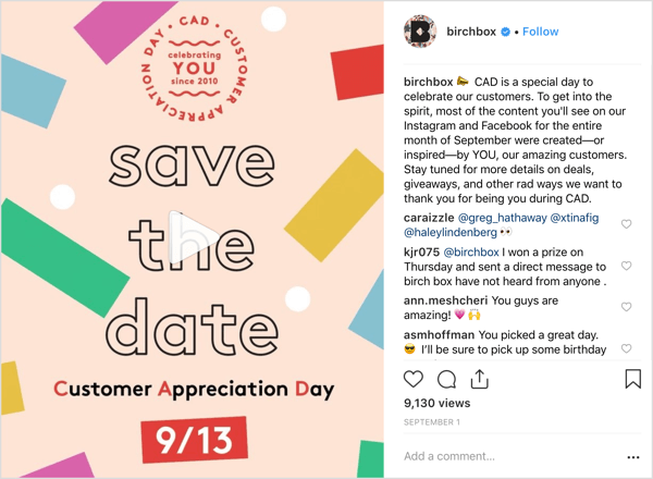 Birchboxs Instagram-konto behandlede tilhængere med tilbud, gaver og overraskelser for at markere kundens værdsættelsesdag.