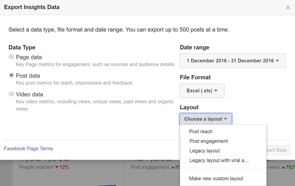 Vælg et layout, når du eksporterer din Facebook Post Data Insights.