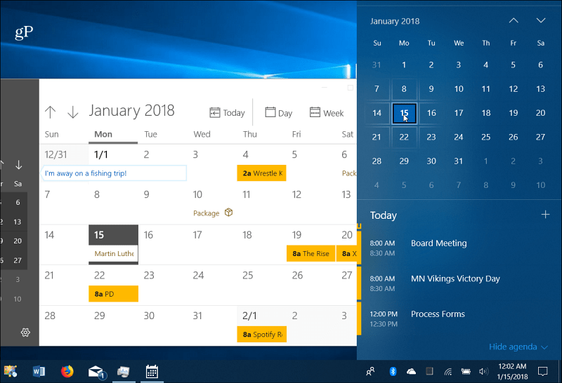 Kalenderbegivenheder Windows 10 proceslinje