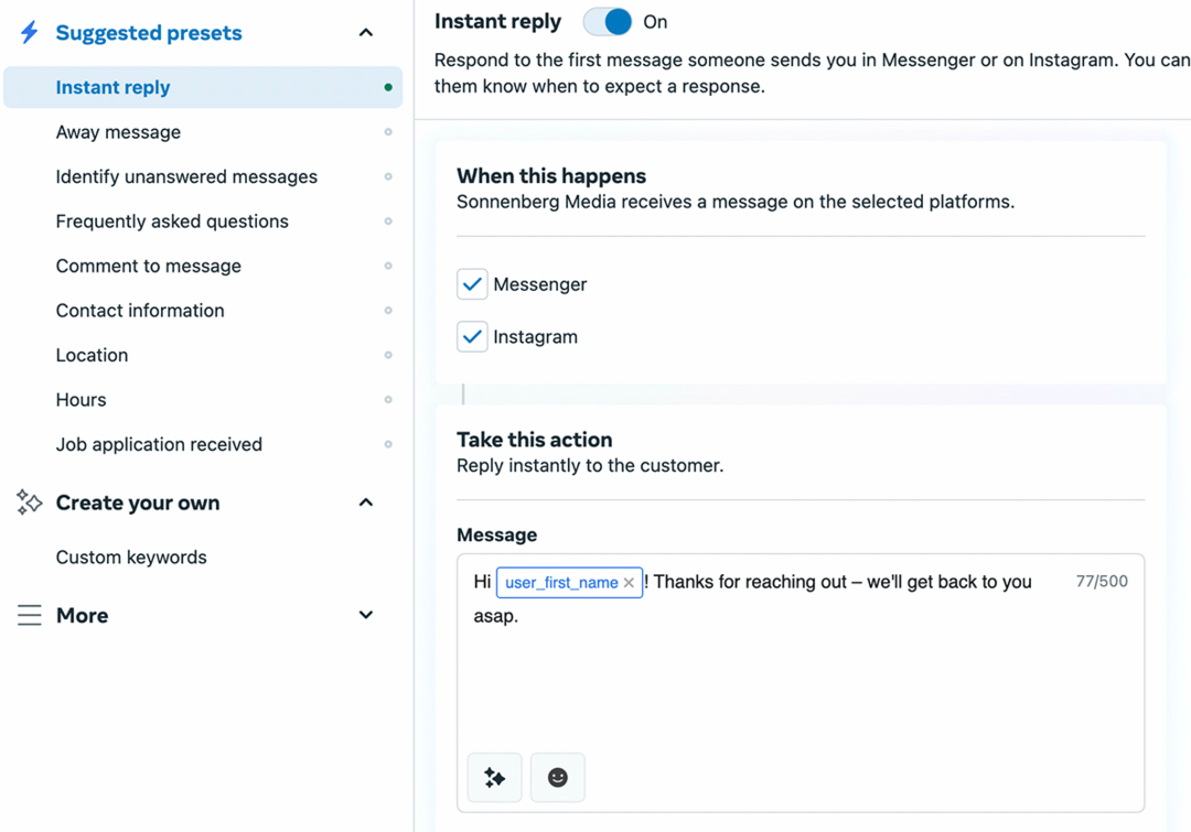 billede af Instant Reply-opsætningsskærmen i Meta Business Manager
