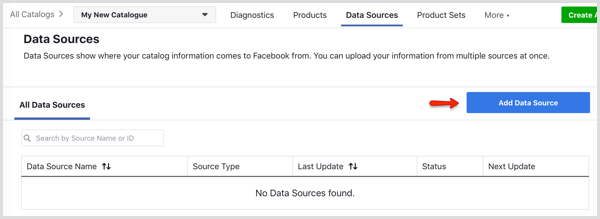 Knappen Tilføj datakilde under fanen Datakilder i Facebook Catalog Manager