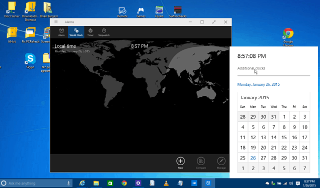 Aktivér den skjulte kalender, ur og spartansk i Windows 10