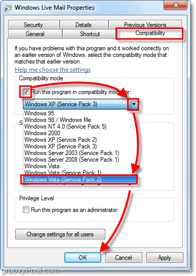 Windows Live Mail Vista-kompatibilitetstilstand