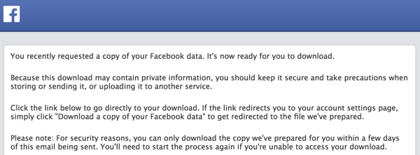 Facebook sender dig en e-mail, når dit arkiv er klar til download.